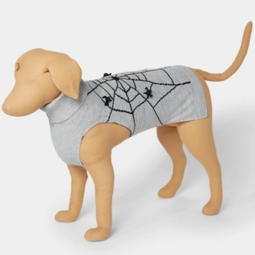 Hyde and Eek! Pet Spiderweb Grey Knit Sweater Halloween Fall October 3D Spiders